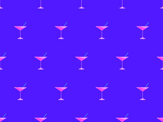 Cocktail with straw in 80s style seamless pattern. Alcoholic cocktails with straw in vermouth glass. Design for bar menus, advertising materials and banners. Vector illustration