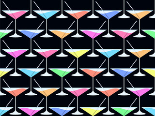 Cocktail with straw in 80s style seamless pattern. Alcoholic cocktails with straw in vermouth glass. Design for bar menus, advertising materials and banners. Vector illustration