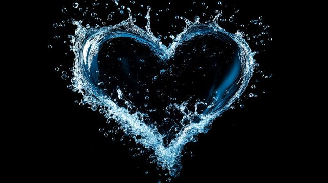Frozen water splash forming a heart shape in the air, with soft blue icy highlights, floating droplets, elegant glow, isolated on black background for romantic themes