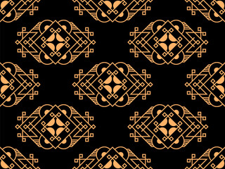 Geometric seamless pattern in line art style. Art deco geometric pattern of golden lines on a black background. Vintage linear style. Design for wallpapers, wrappers and banners. Vector illustration