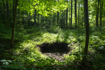 Fototapeta premium A large burrow opening in the forest floor surrounded by lush green foliage during a sunny day