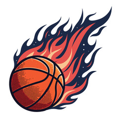 Stylized basketball engulfed in vibrant flames, dynamic slam dunk action, fiery texture, intense energy.