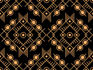 Geometric seamless pattern in line art style. Art deco geometric pattern of golden lines on a black background. Vintage linear style. Design for wallpapers, wrappers and banners. Vector illustration