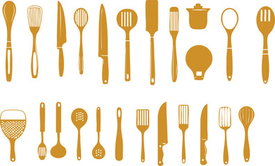 Black and white line art style kitchenware vector icon set. Consists of knife, pan, spatula, whisk and more. Ideal for packaging labels, recipe books and digital culinary content.