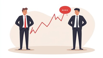 Two businessmen stand opposite each other, looking concerned at a rising red graph line and a speech bubble.  They appear worried or anxious about the upward trend