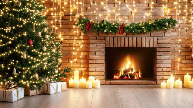 Festive Christmas Fireplace: A warm fireplace radiates holiday cheer beside a decorated Christmas tree, creating a cozy and inviting festive atmosphere.