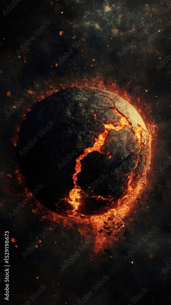 Poster Molten lava erupting from an exploding planet illustrates seismic waves radiating from the epicenter during an earthquake, set against a backdrop of space and twinkling stars