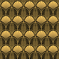 Art Deco black and yellow seamless pattern. Geometric decorative texture with arches and fans. Vector vintage background.