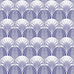 Art Deco blue and white seamless pattern. Geometric decorative texture with arches and floral elements. Vector vintage background.