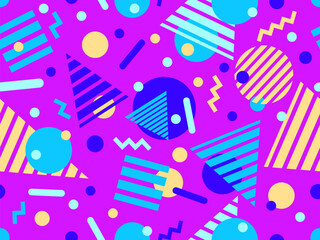 Geometric seamless pattern with memphis elements in 80s style. Colorful pattern with different geometric shapes. Design for packaging, covers, wrapping and promotional products. Vector illustration