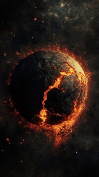 Molten lava erupting from an exploding planet illustrates seismic waves radiating from the epicenter during an earthquake, set against a backdrop of space and twinkling stars