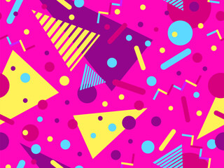 Geometric seamless pattern with memphis elements in 80s style. Colorful pattern with different geometric shapes. Design for packaging, covers, wrapping and promotional products. Vector illustration