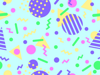 Geometric seamless pattern with memphis elements in 80s style. Colorful pattern with different geometric shapes. Design for packaging, covers, wrapping and promotional products. Vector illustration