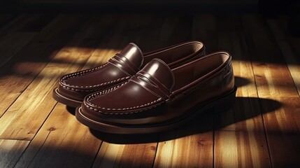 Elegant Brown Leather Loafers on Wooden Floor