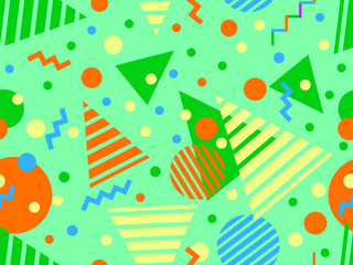 Geometric seamless pattern with memphis elements in 80s style. Colorful pattern with different geometric shapes. Design for packaging, covers, wrapping and promotional products. Vector illustration