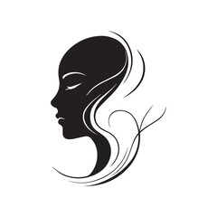 Elegant Silhouette: A delicate silhouette of a woman's profile, rendered in stark black and white, embodies serenity and grace. Featuring flowing hair.