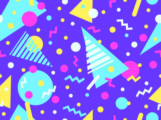 Geometric seamless pattern with memphis elements in 80s style. Colorful pattern with different geometric shapes. Design for packaging, covers, wrapping and promotional products. Vector illustration