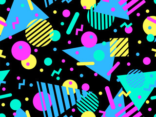Geometric seamless pattern with memphis elements in 80s style. Colorful pattern with different geometric shapes. Design for packaging, covers, wrapping and promotional products. Vector illustration