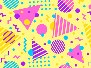 Geometric seamless pattern with memphis elements in 80s style. Colorful pattern with different geometric shapes. Design for packaging, covers, wrapping and promotional products. Vector illustration