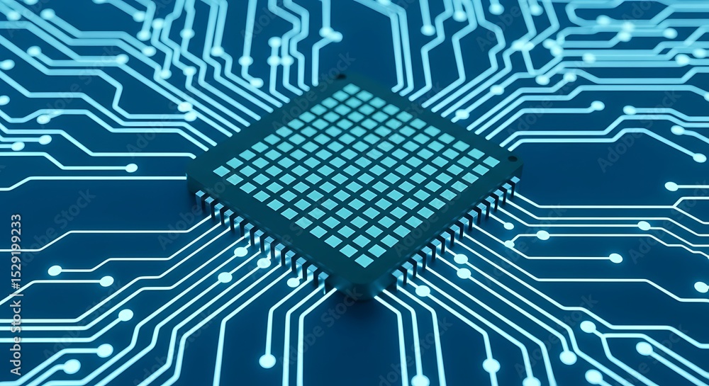 Poster modern computer chip with circuitry illuminated in blue
