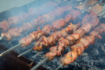 Marinated meat pieces on skewers lie on the grill and are fried on coals. Cooking pork shashlik. Outdoor recreation