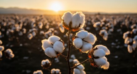 Close up of mature cotton plants with white bolls in a vast field at sunset