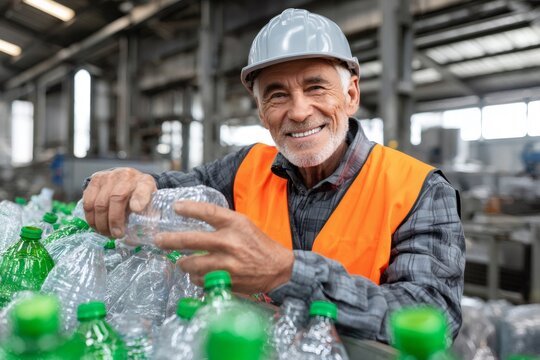 Senior factory worker checking plastic bottles on conveyor belt in recycling plant