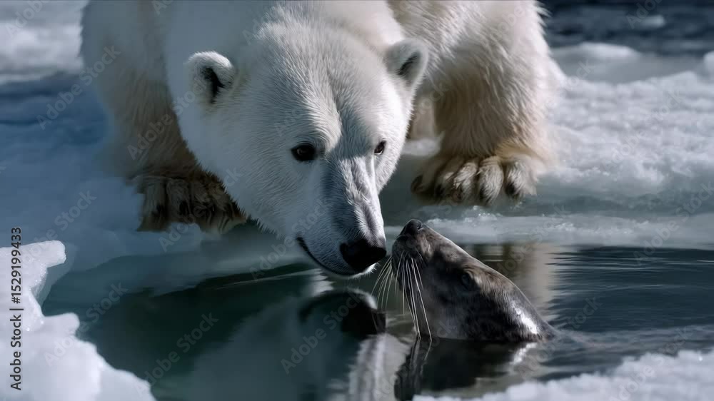 Aufkleber a polar bear, surrounded by ice and snowy terrain, next to an arctic seal swimming in the water. the