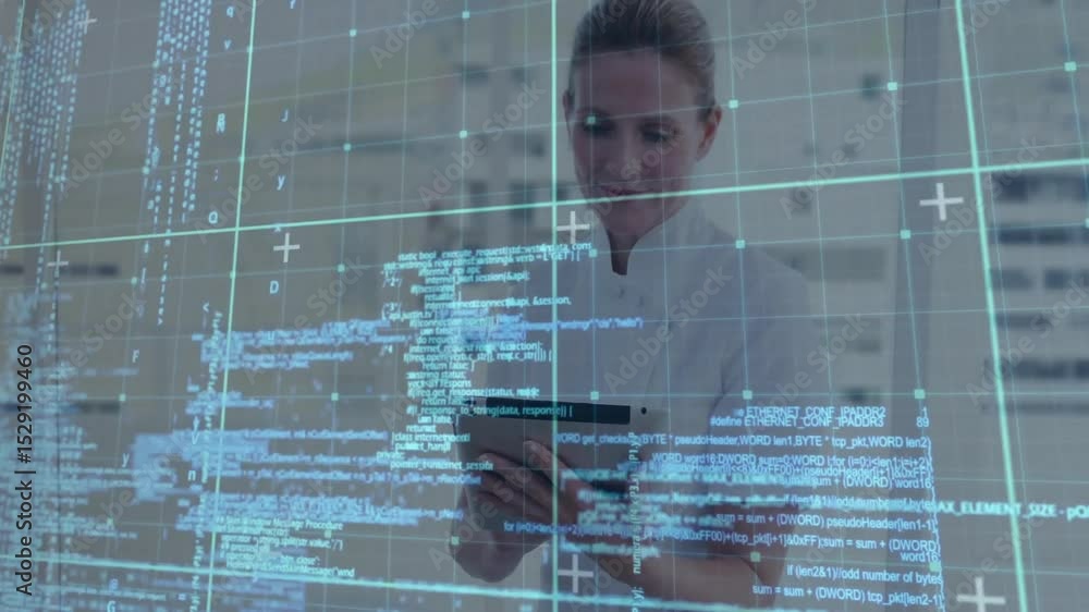 Poster after code grid appearing it analyst raising tablet and tapping screen scrolling and reviewing code