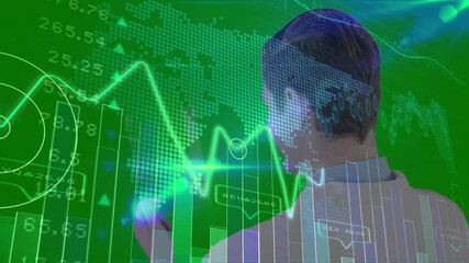 Male analyst standing behind before technology data display touching graph peak updating bar chart - Powered by Adobe