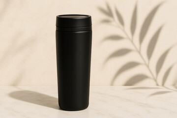 Sleek black tumbler stands elegantly against soft background, casting delicate shadow of plant leaves. This modern design is perfect for enjoying beverages on go