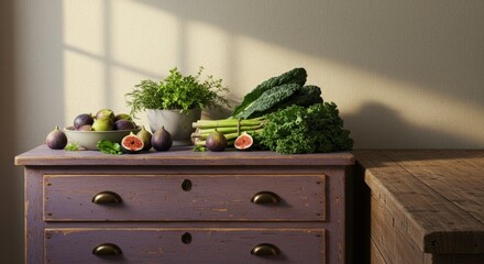 Fresh figs, herbs, and greens on a vintage table