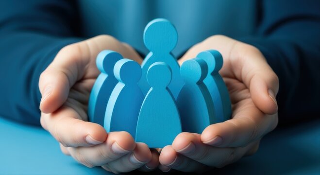 Hands cradling a group of blue human figures, symbolizing community and protection