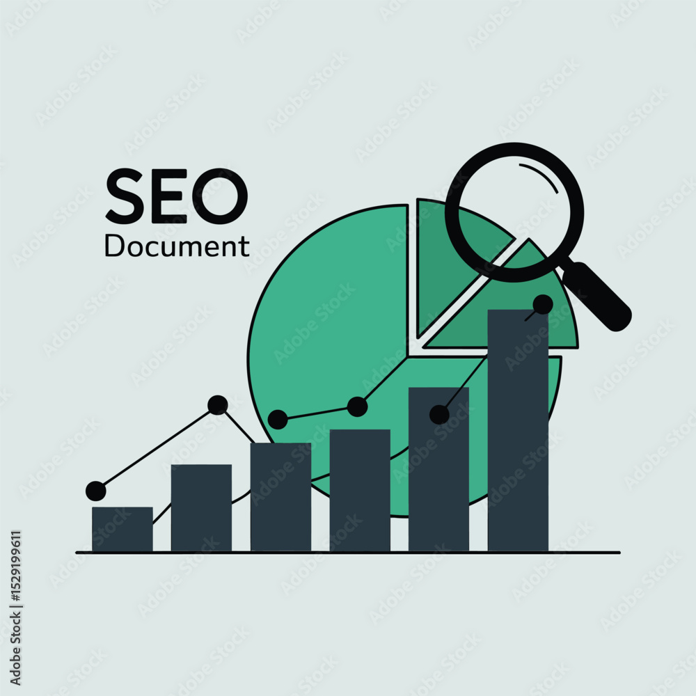 Poster seo document analysis growth chart with magnifying glass and pie chart