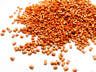 Orange polymer granules, orange masterbatch granules, cold cutting material type, isolated on white...