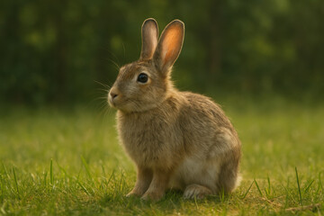 Fototapeta premium Serene rabbit sits gracefully in sunlit meadow, surrounded by lush green grass. Its soft fur glistens in warm light, creating peaceful and charming scene