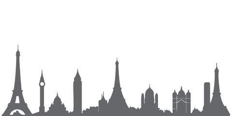 Silhouettes of famous buildings and structures with transparent background