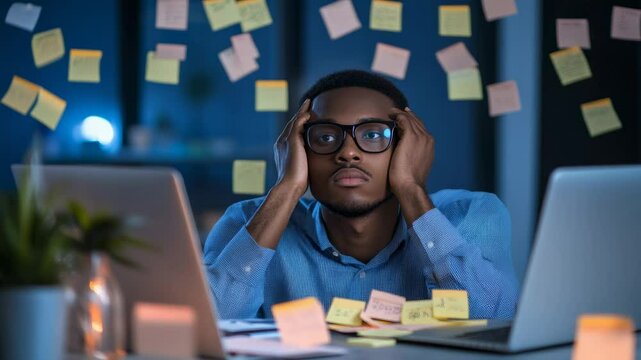 Office professional drowning in sticky notes, experiencing overwhelming decision making stress, symbolizing job insecurity and choice paralysis in modern workplace