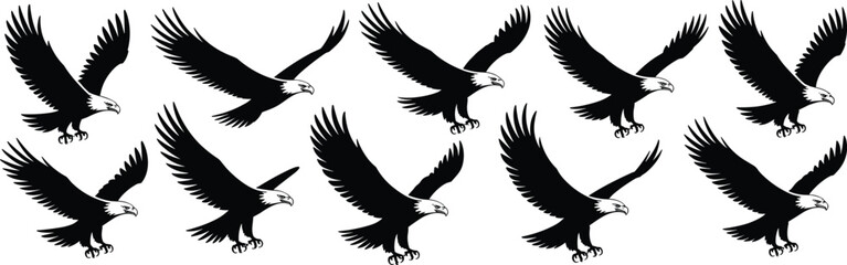 Majestic Eagle Silhouettes: A Versatile Collection for Patriotic, Wildlife, Freedom, and American-themed Designs, Ideal for Logos and Graphics.

 flat vector illustration