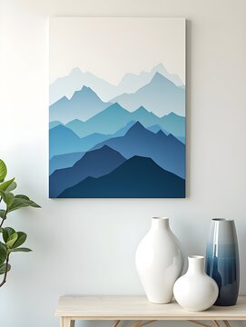 Abstract art with layered blue mountains displayed on a light wall alongside decorative vases and green foliage in a modern interior setting