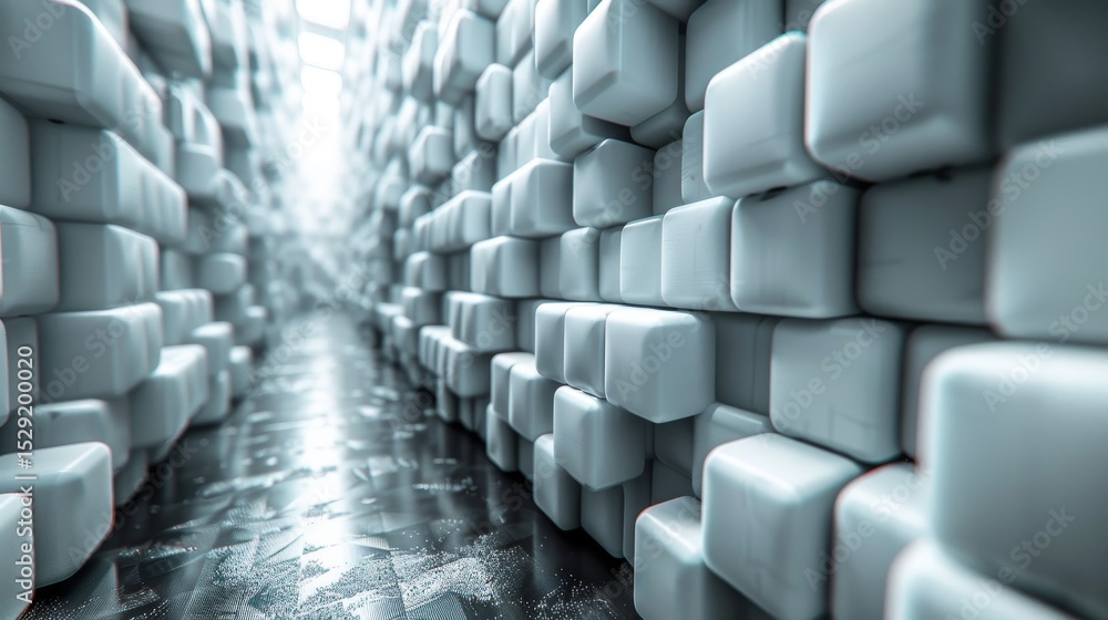 Aufkleber an abstract representation of a maze made entirely of white cubes, exuding a sense of depth and intr