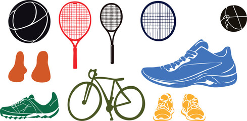Set of sports equipment, bicycle, racket, shoes and ball in black and white silhouette art.