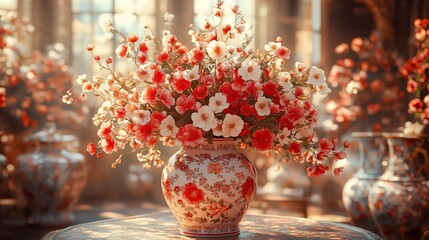 Floral Elegance in Bloom: A vibrant arrangement of mixed flowers, bathed in natural light, bursts forth from an ornate ceramic vase, evoking feelings of tranquility and beauty.