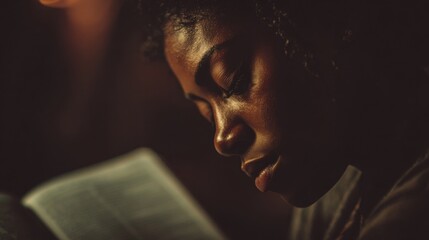 Dimly lit image of a woman with closed eyes, deep in thought as she listens to the words of a Bible passage being read aloud.
