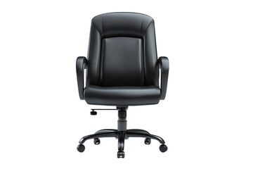 Fototapeta premium Front view of a black leather office chair. Solid, comfortable, ergonomic design