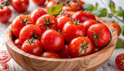 Red Tomato in bowl with water drop on table, Tomatoes in bowl in natural background