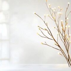 Illuminated Branch with Soft Glow Bokeh on Cream Background