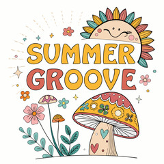 Vibrant retro illustration of sunshine, whimsical boho mushrooms, and summery groovy elements.  Create a psychedelic, 70s-inspired design.