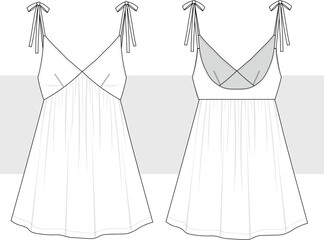 Satin mini summer dress technical fashion sketch, illustration. Knot Strap dress drawing template, bustier, relaxed fit, front and back view, women CAD, mockup set.