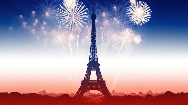 A celebration of Bastille Day features the Eiffel Tower illuminated by fireworks, with the French tricolor seamlessly blending into the sky. 4K